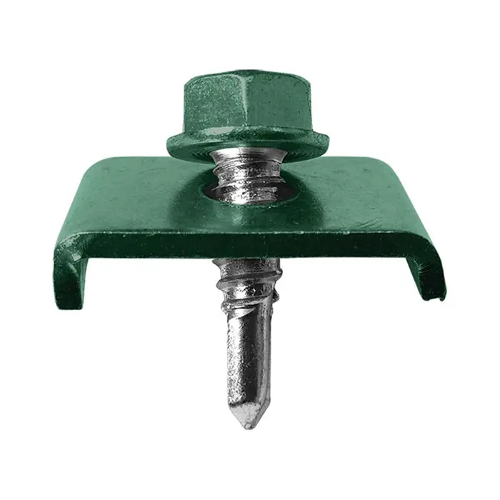 Set 10 buc Clema prindere panou gard 20x30 mm verde cu surub autoforant 6.3x25 mm 1 Set 10 buc Clema prindere panou gard 20x30 mm verde cu surub autoforant 6.3x25 mm